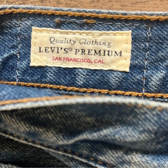 Levi's Premium Denim Jean Button Fly Midi Skirt Raw Hem Distressed Size 26 Slit - Picture 9 of 12